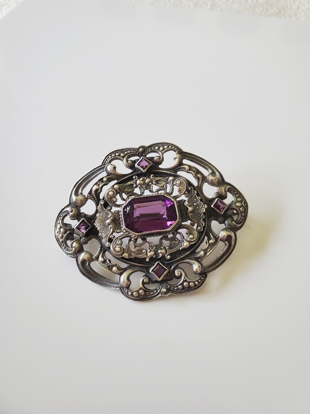 Antique Vintage Fishel & Nessler Victorian Purple Stone Brooch